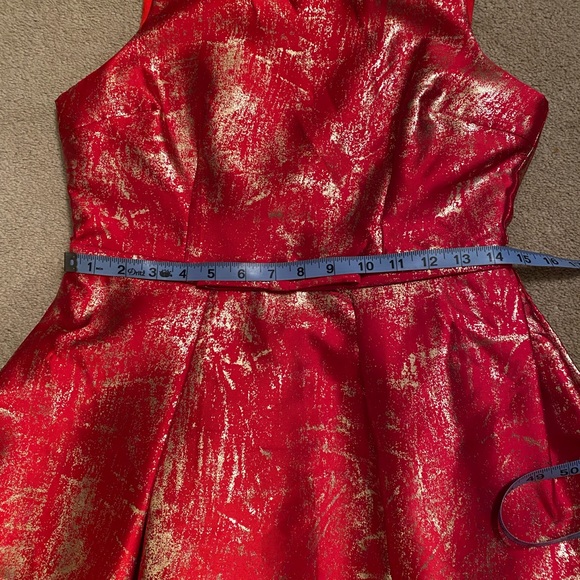 Valiant Paris Red Fit & Flare Metallic Gold Detail Mini Dress - Picture 6 of 7